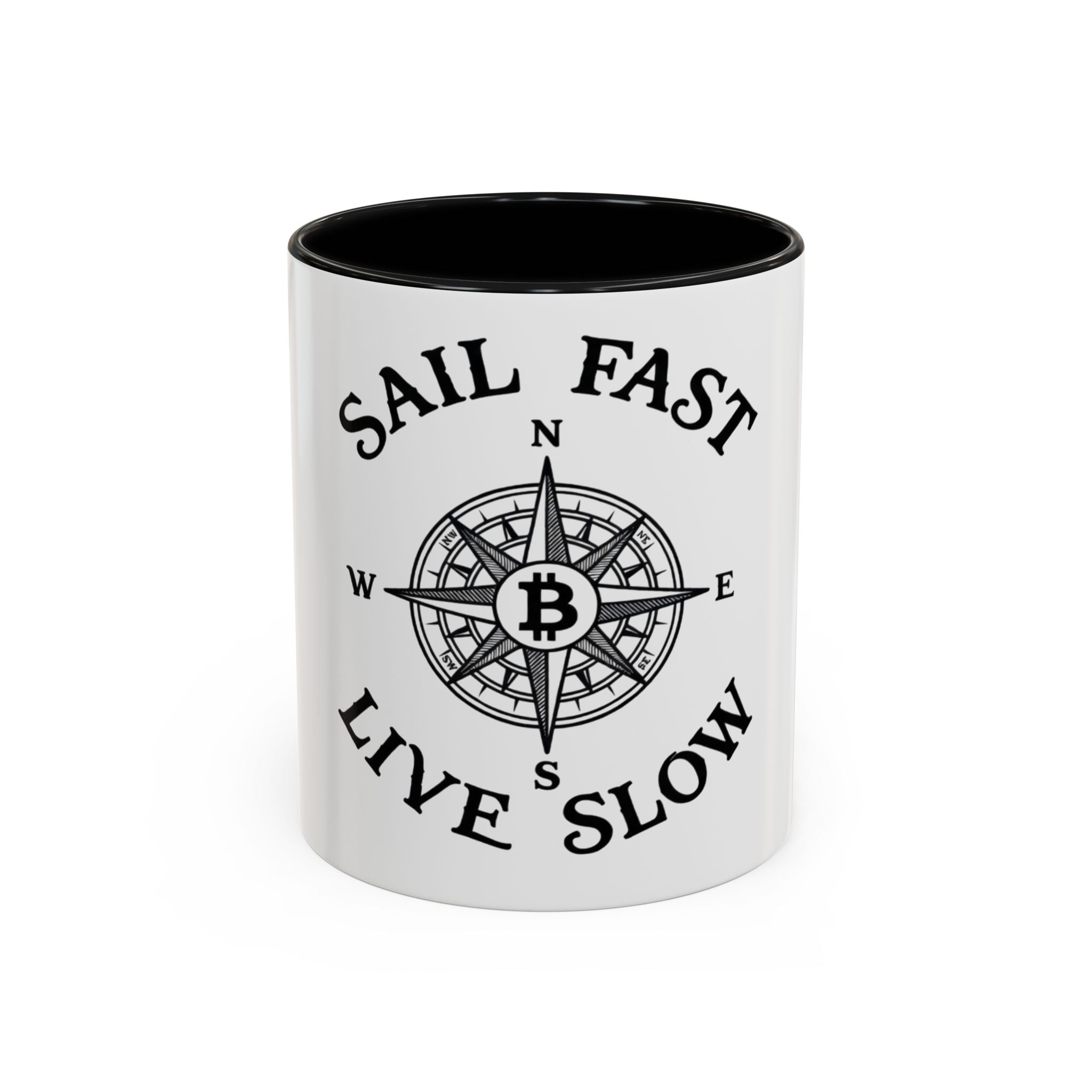Coffee Mug — “Sail Fast Live Slow” Nautical Compass Bitcoin Accent Mug