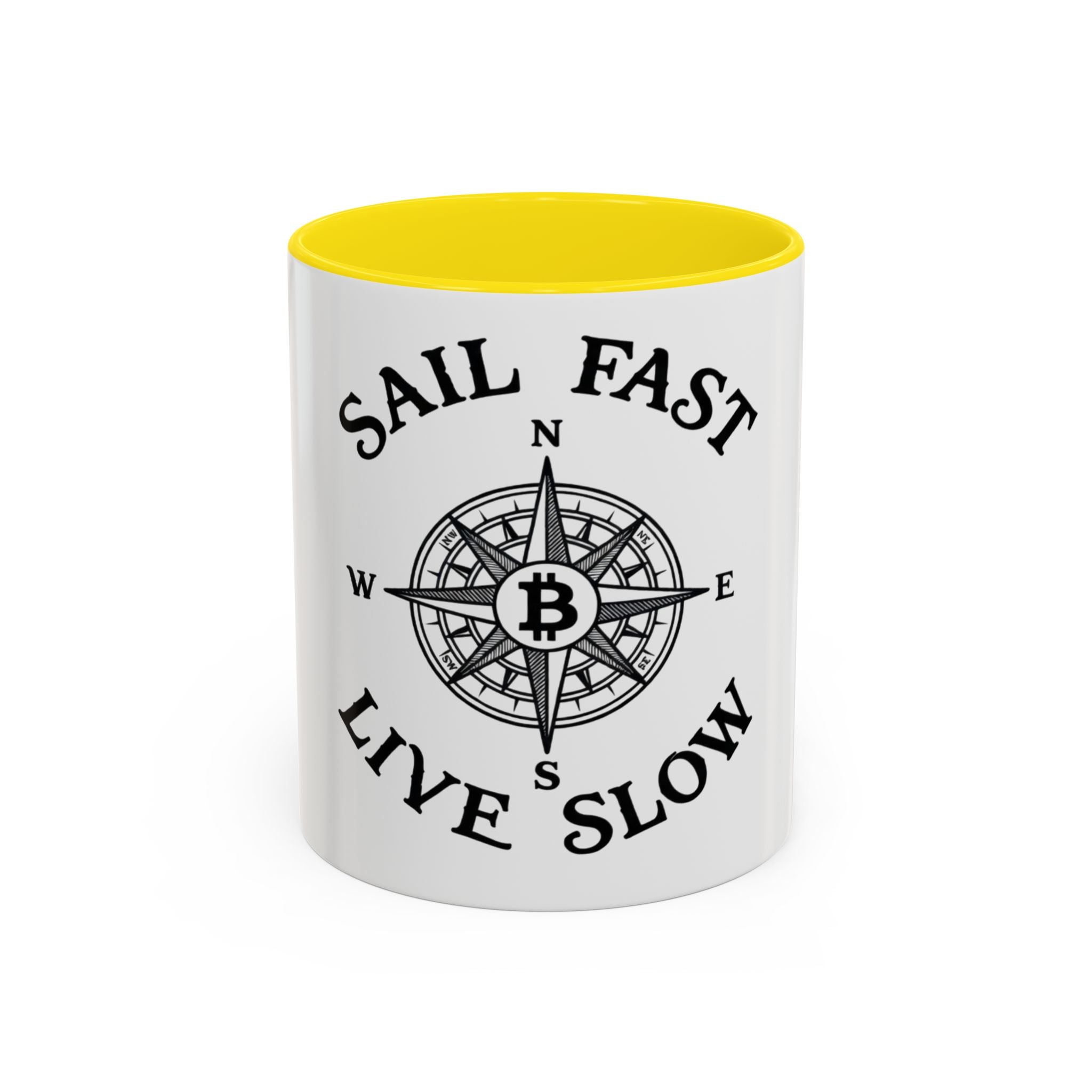 Coffee Mug — “Sail Fast Live Slow” Nautical Compass Bitcoin Accent Mug