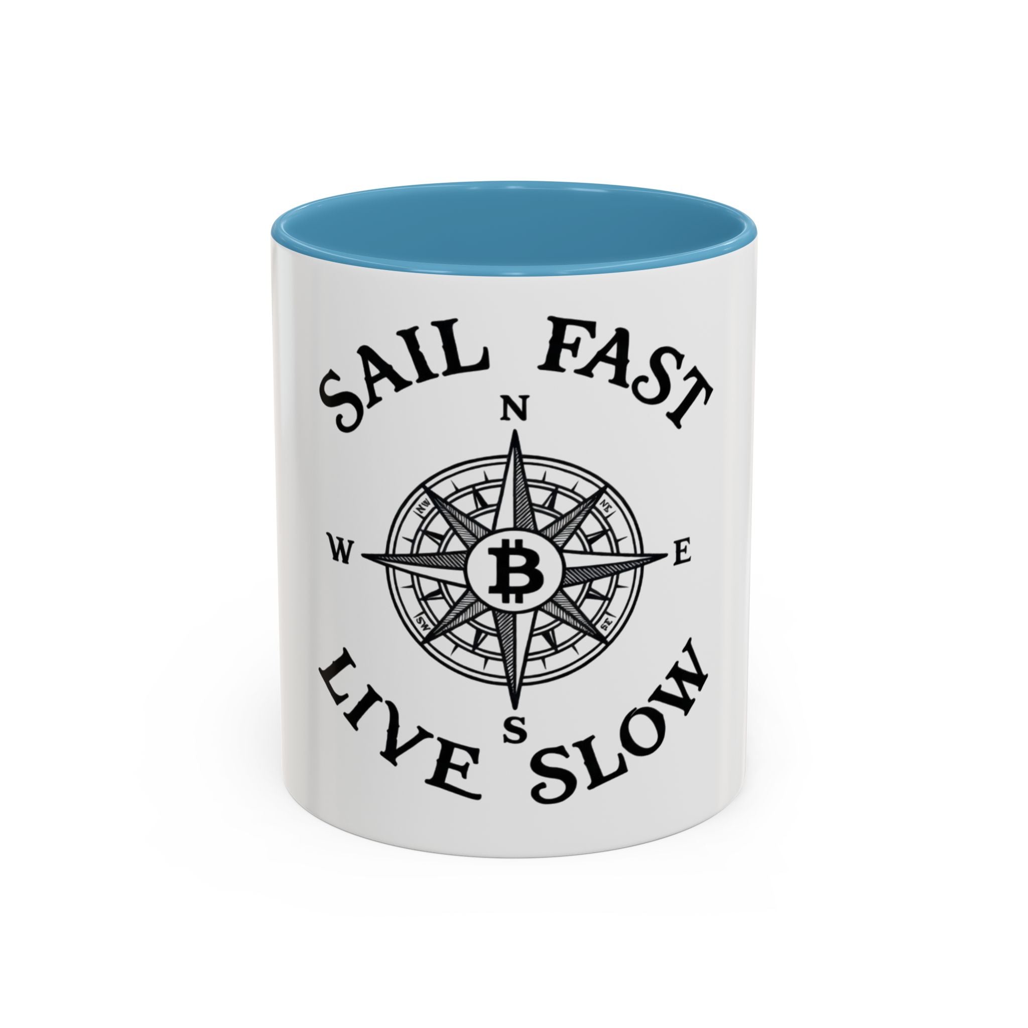 Coffee Mug — “Sail Fast Live Slow” Nautical Compass Bitcoin Accent Mug